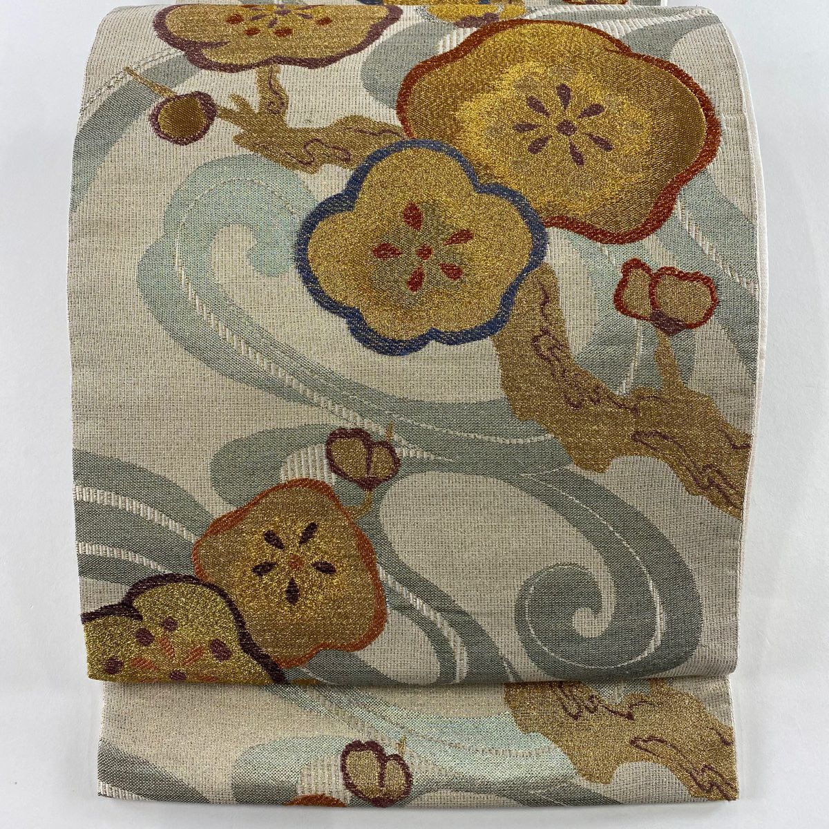 【美品】 袋帶 秀品級 梅花 流水 金金箔 金絲 淺茶 六通 純蠶絲