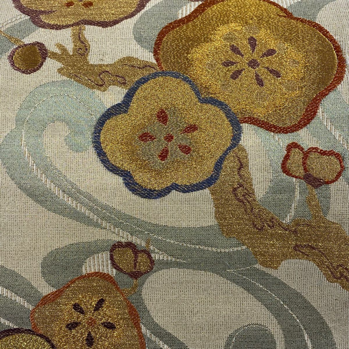 【美品】 袋帶 秀品級 梅花 流水 金金箔 金絲 淺茶 六通 純蠶絲