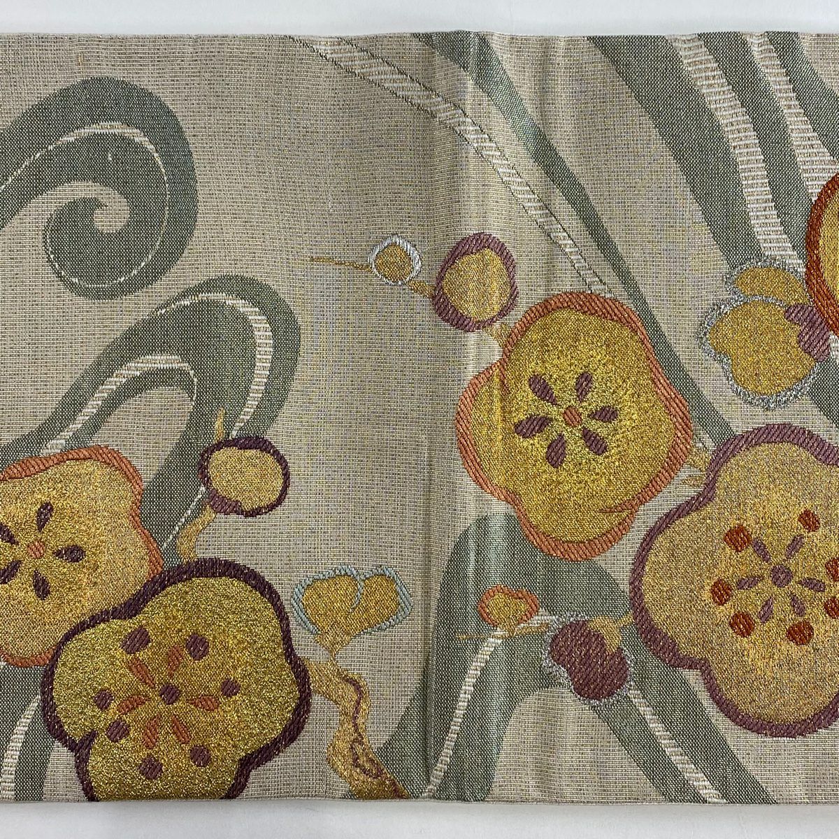 【美品】 袋帶 秀品級 梅花 流水 金金箔 金絲 淺茶 六通 純蠶絲