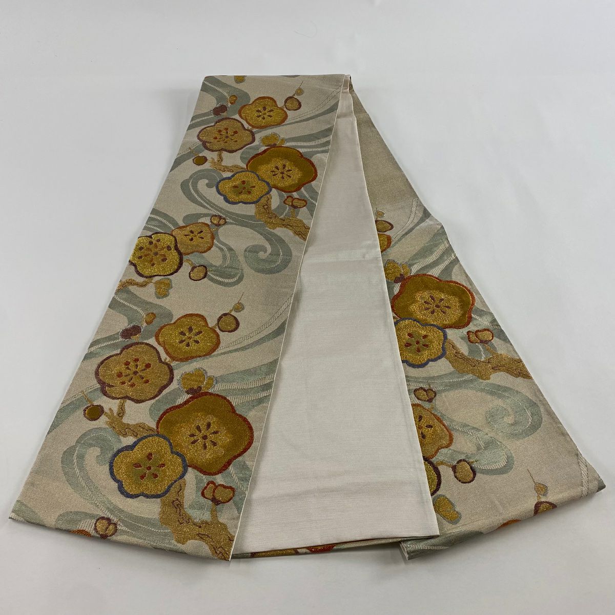 【美品】 袋帶 秀品級 梅花 流水 金金箔 金絲 淺茶 六通 純蠶絲