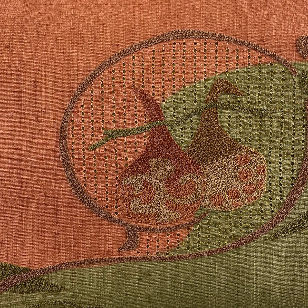 【美品】 開口名古屋帶 優品級 紬織織 生物 葉子 相良刺繡 紅茶 純蠶絲