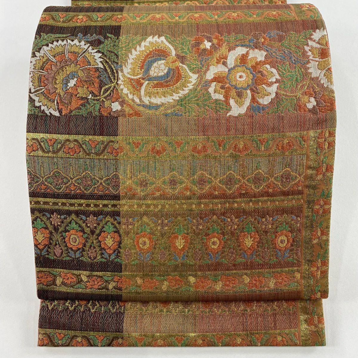 【美品】 袋帶 秀品級 草花紋 金糸 金金箔 茜 深藍 六通 純蠶絲