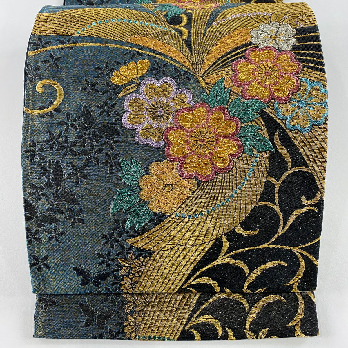 【美品】 袋帶 秀品級 樱花 蝴蝶 金絲 金金箔 深綠 六通 純蠶絲