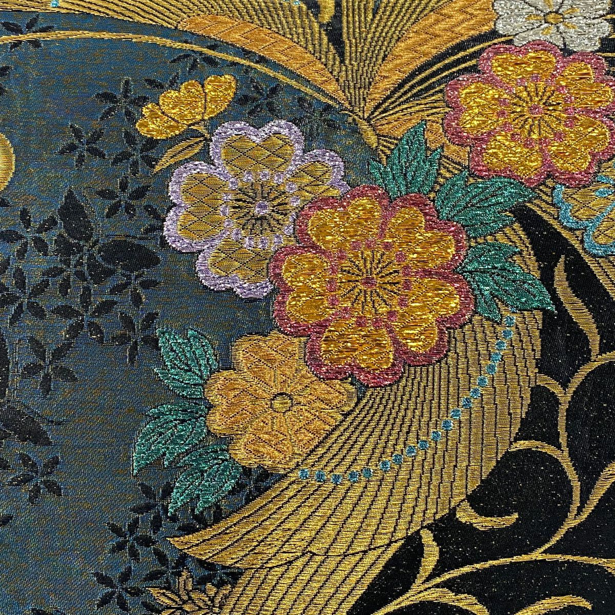 【美品】 袋帶 秀品級 樱花 蝴蝶 金絲 金金箔 深綠 六通 純蠶絲