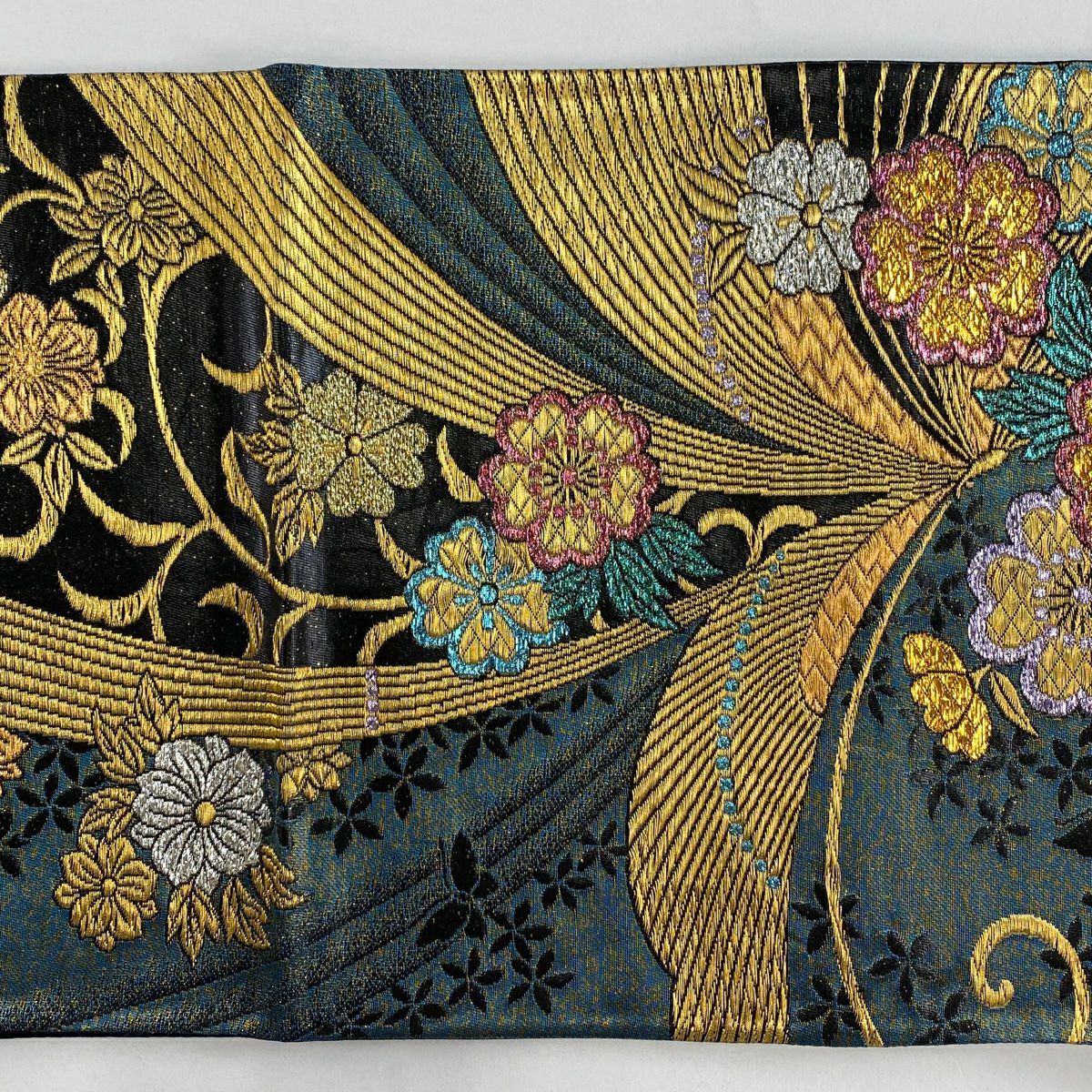 【美品】 袋帶 秀品級 樱花 蝴蝶 金絲 金金箔 深綠 六通 純蠶絲