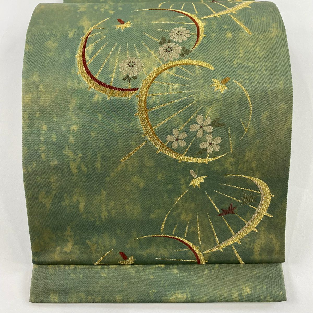 【美品】 袋帶 秀品級 番傘 菊花 金金箔 金絲 灰綠 六通 純蠶絲