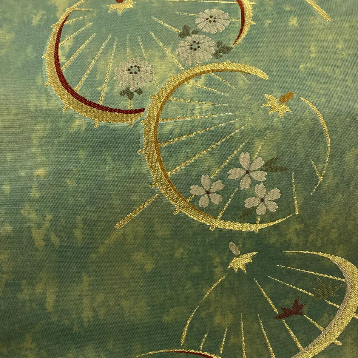 【美品】 袋帶 秀品級 番傘 菊花 金金箔 金絲 灰綠 六通 純蠶絲