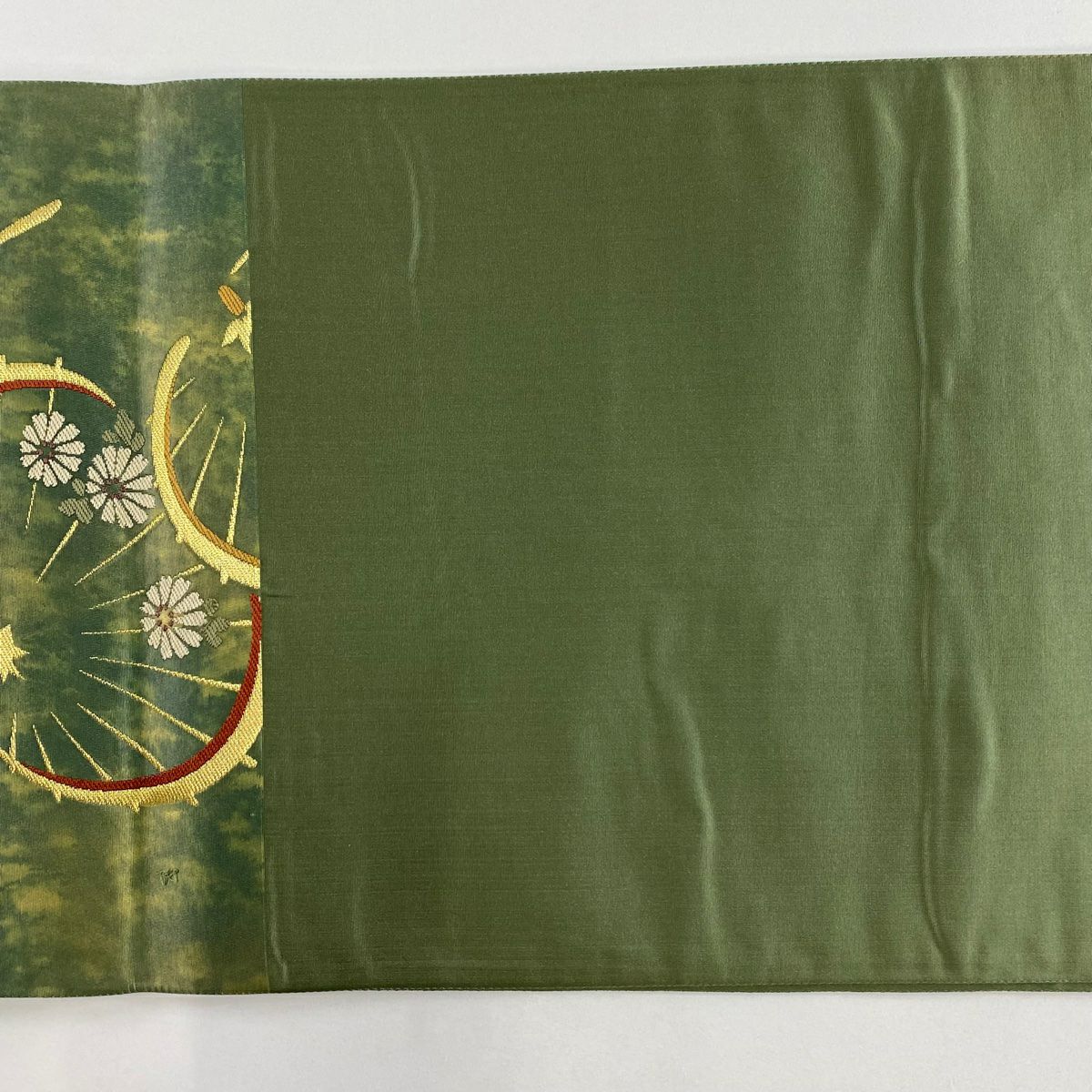 【美品】 袋帶 秀品級 番傘 菊花 金金箔 金絲 灰綠 六通 純蠶絲