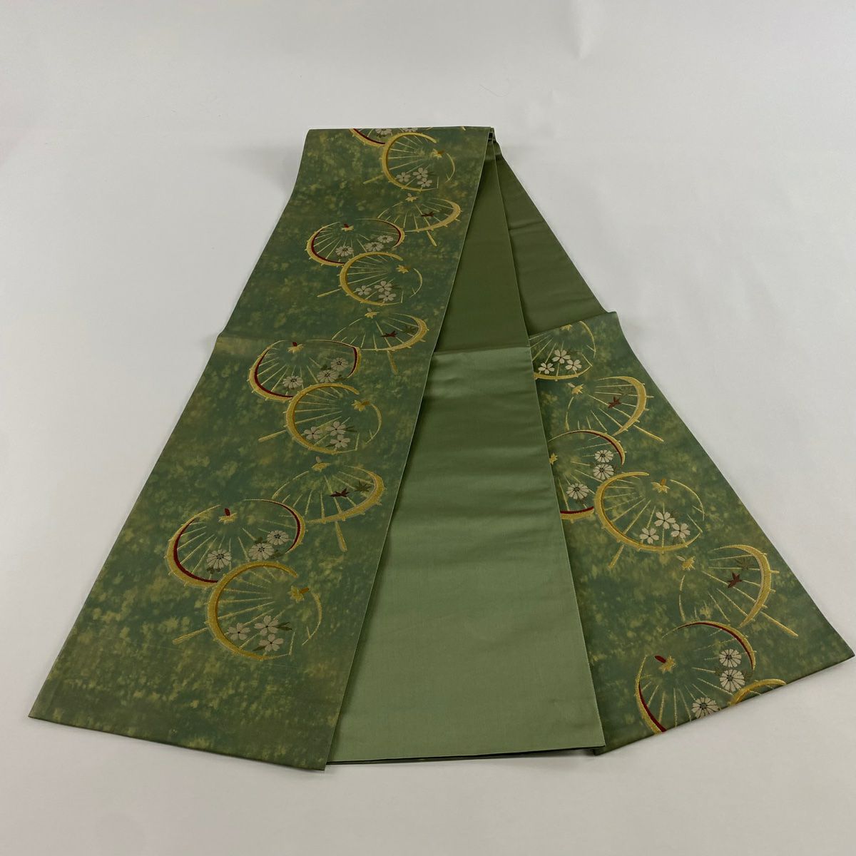 【美品】 袋帶 秀品級 番傘 菊花 金金箔 金絲 灰綠 六通 純蠶絲
