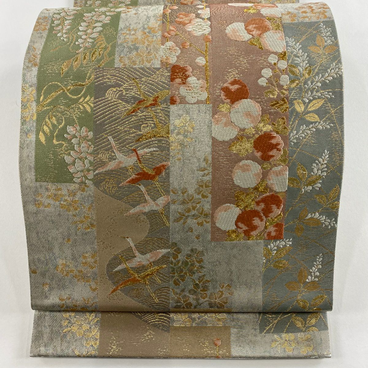 【美品】 袋帶 秀品級 枝梅花 仙鶴 金絲 唐織 銀 六通 純蠶絲
