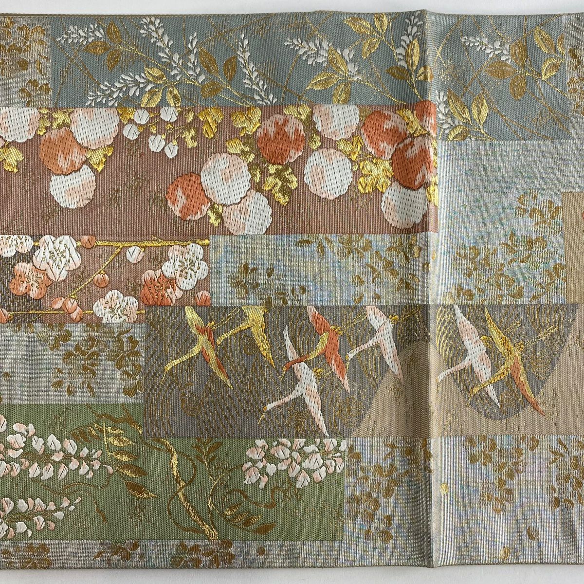 【美品】 袋帶 秀品級 枝梅花 仙鶴 金絲 唐織 銀 六通 純蠶絲