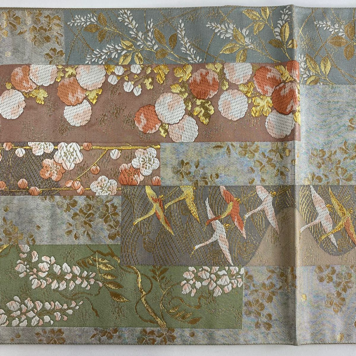 【美品】 袋帶 秀品級 枝梅花 仙鶴 金絲 唐織 銀 六通 純蠶絲
