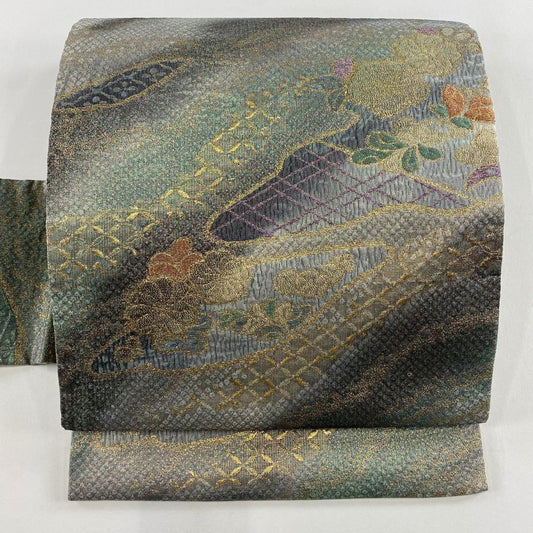 【美品】 名古屋帶 秀品級 草花紋紋 霞 金絲 金金箔 灰綠 純蠶絲