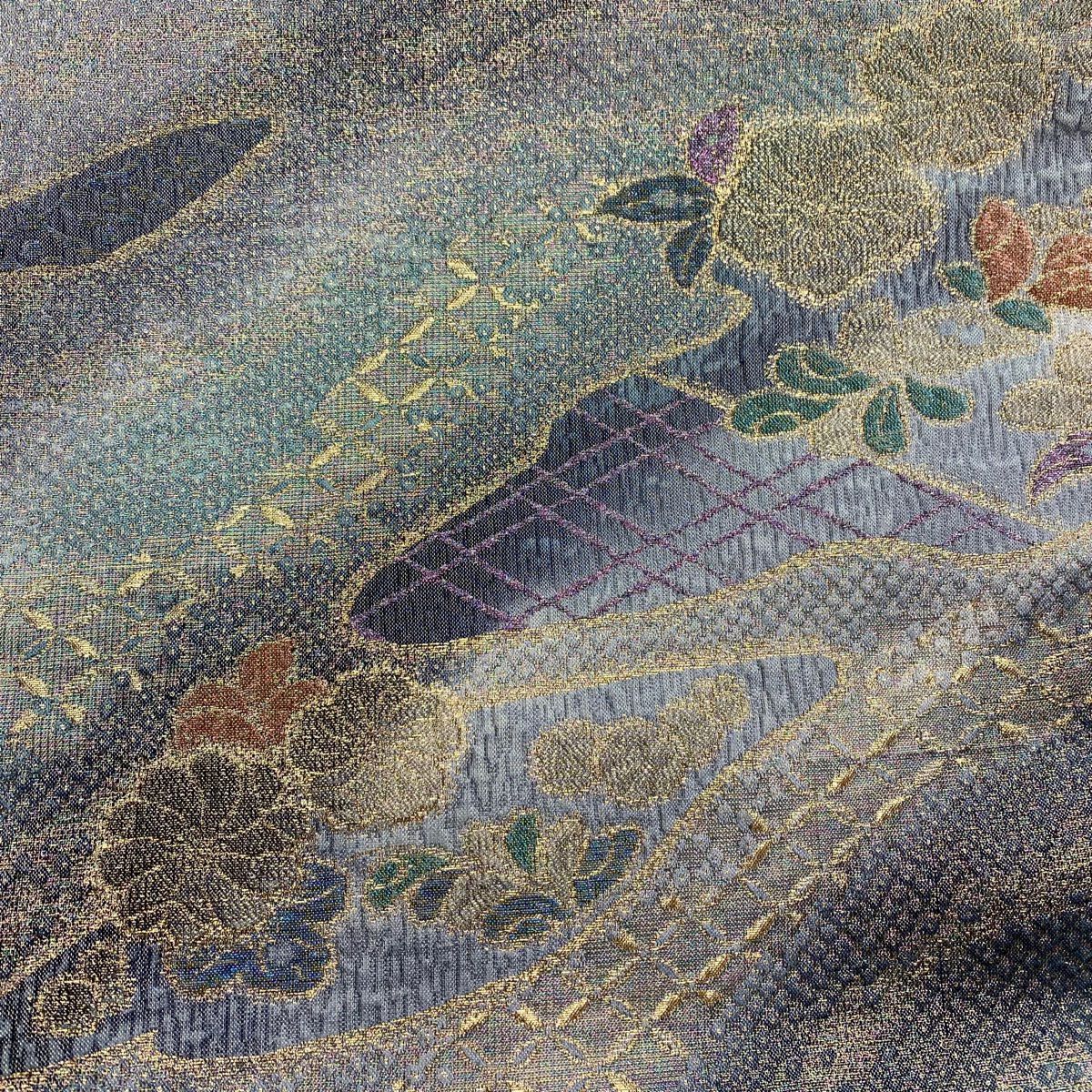 【美品】 名古屋帶 秀品級 草花紋紋 霞 金絲 金金箔 灰綠 純蠶絲