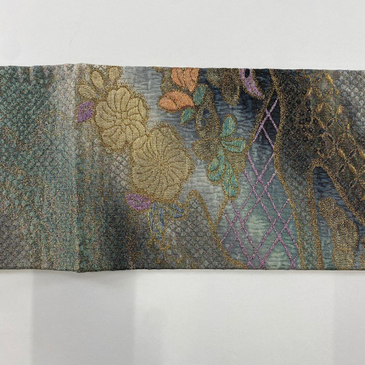 【美品】 名古屋帶 秀品級 草花紋紋 霞 金絲 金金箔 灰綠 純蠶絲