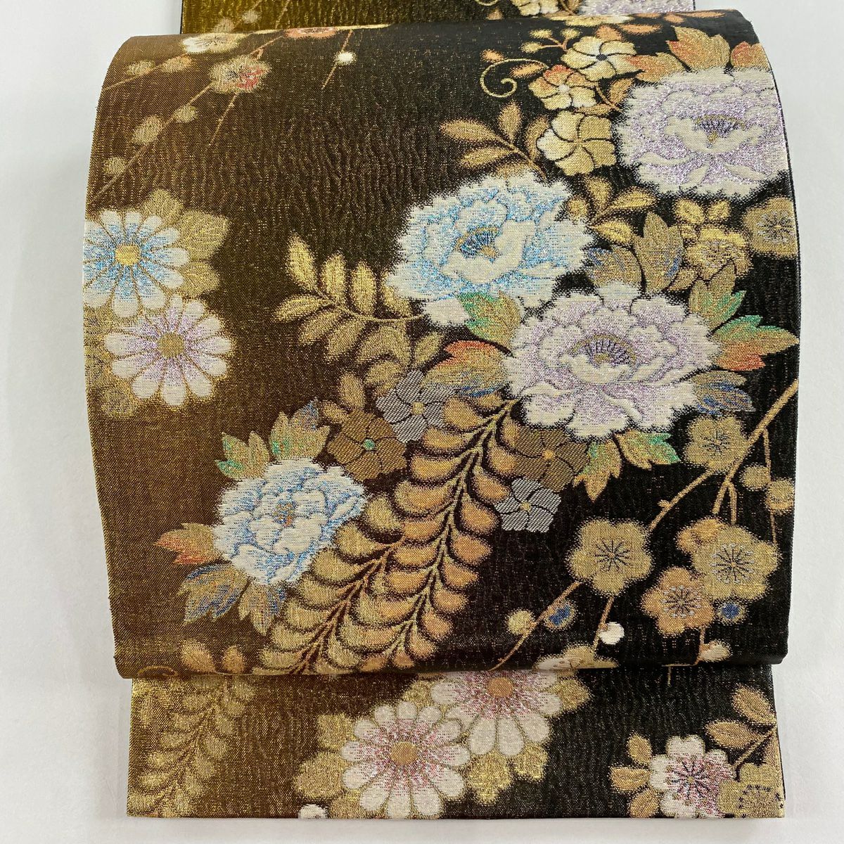 【美品】 袋帶 秀品級 梅花 牡丹 金金箔 墨 六通 純蠶絲