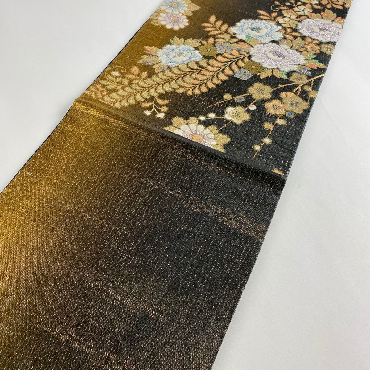 【美品】 袋帶 秀品級 梅花 牡丹 金金箔 墨 六通 純蠶絲