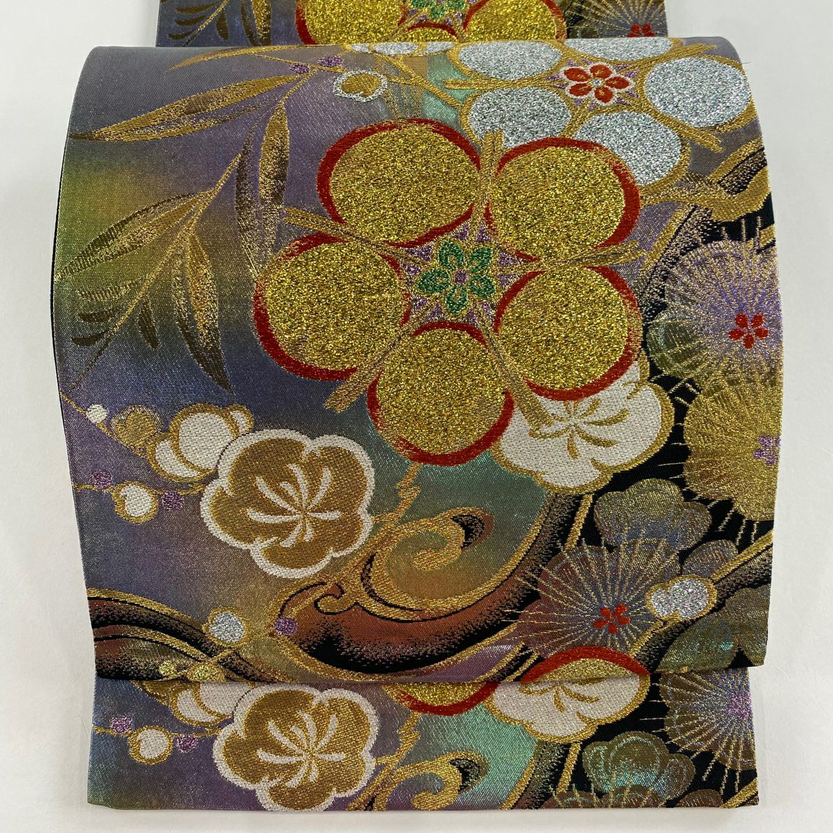 【美品】 袋帶 秀品級 梅花 波 金糸 金金箔 黑 六通 純蠶絲