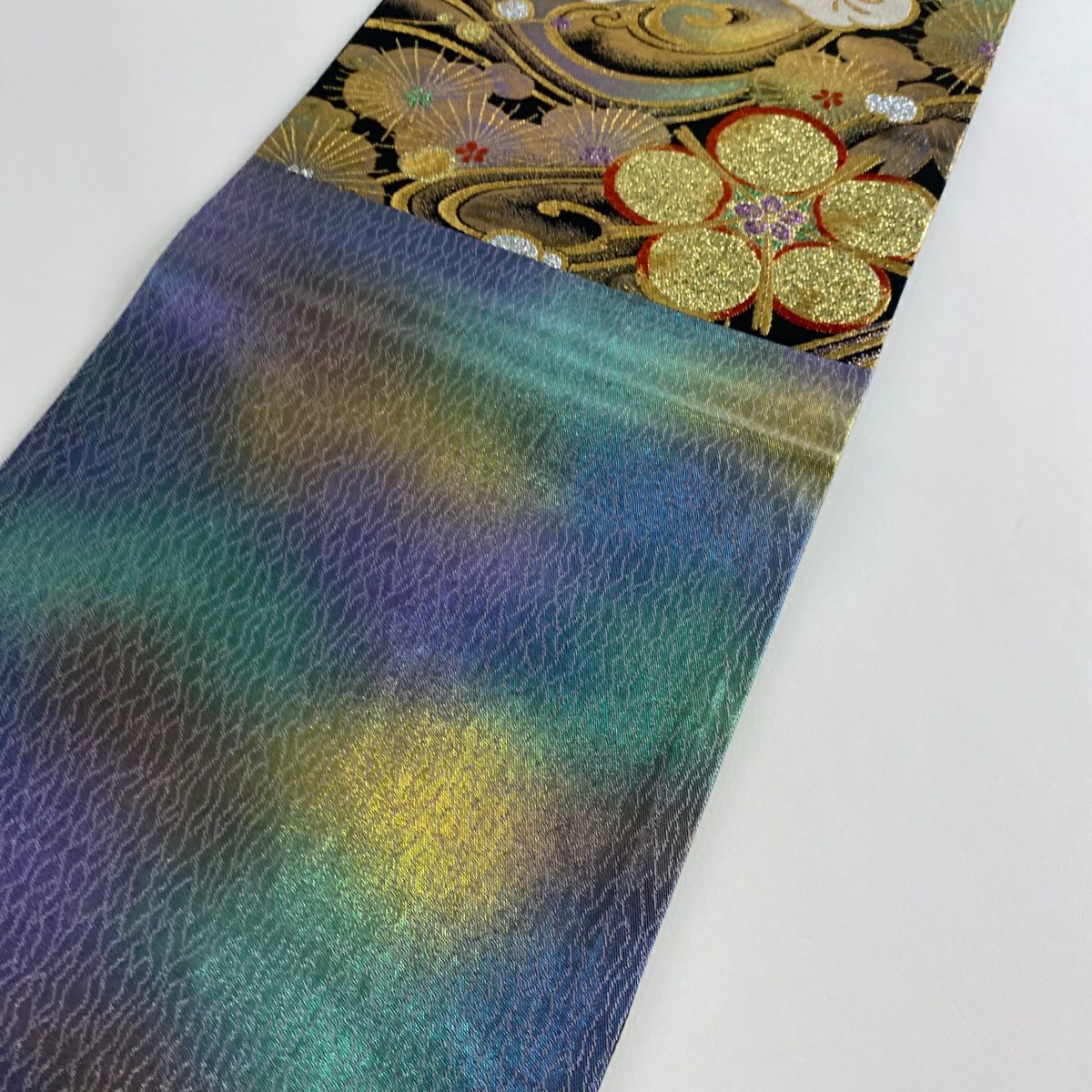 【美品】 袋帶 秀品級 梅花 波 金糸 金金箔 黑 六通 純蠶絲