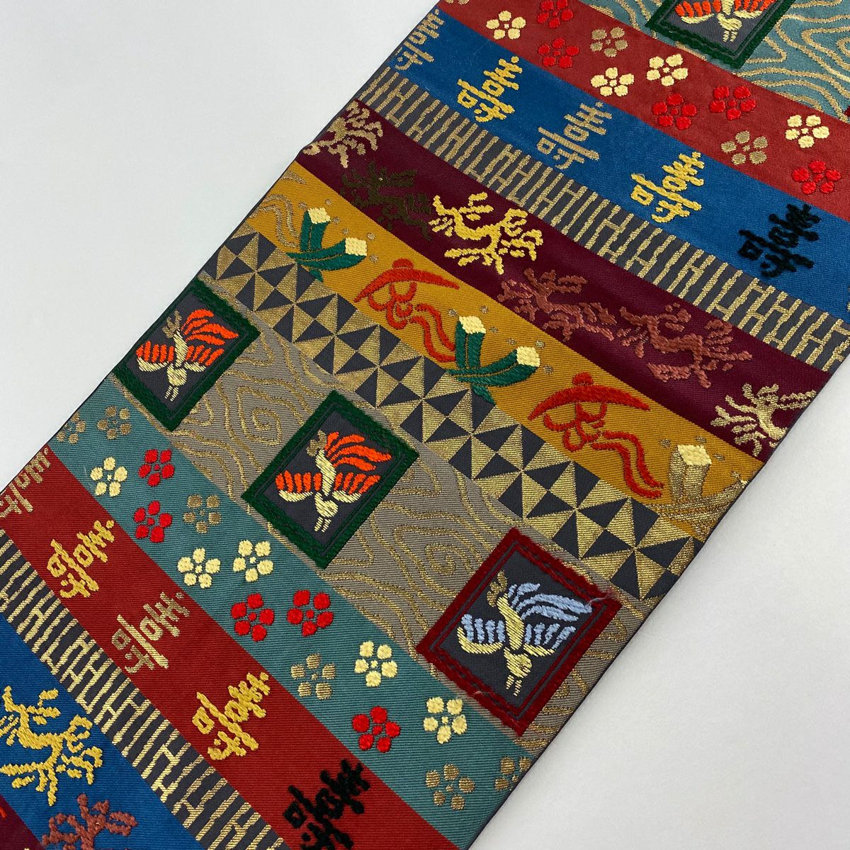 袋帶 秀品級 仙台吉祥文 寶盡くし 金金箔 深紅 六通 純蠶絲