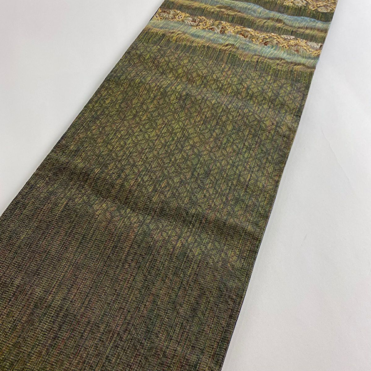 【美品】 袋帶 秀品級 有栖川文 金金箔 金絲 茶綠 六通 純蠶絲