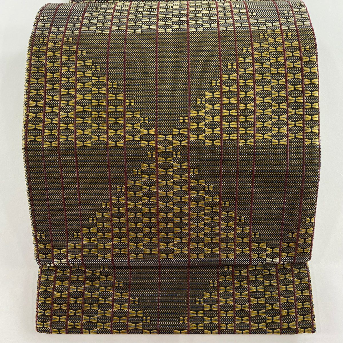 【美品】 袋帶 秀品級 縞 幾何學圖案 金線 山吹茶 六通 純蠶絲