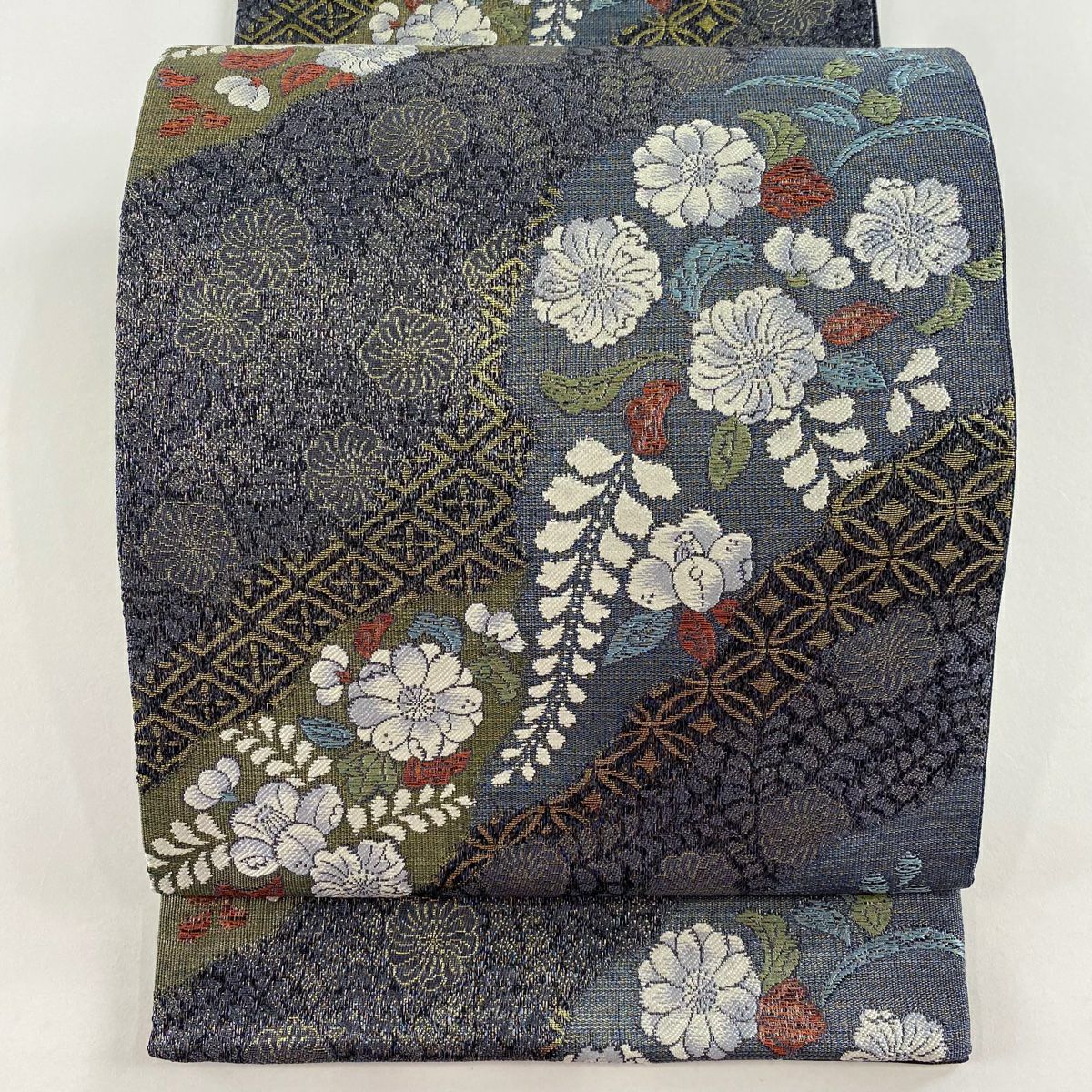 【美品】 袋帶 秀品級 辻花染圖案 花菱 金絲 金金箔 灰紫 六通 純蠶絲