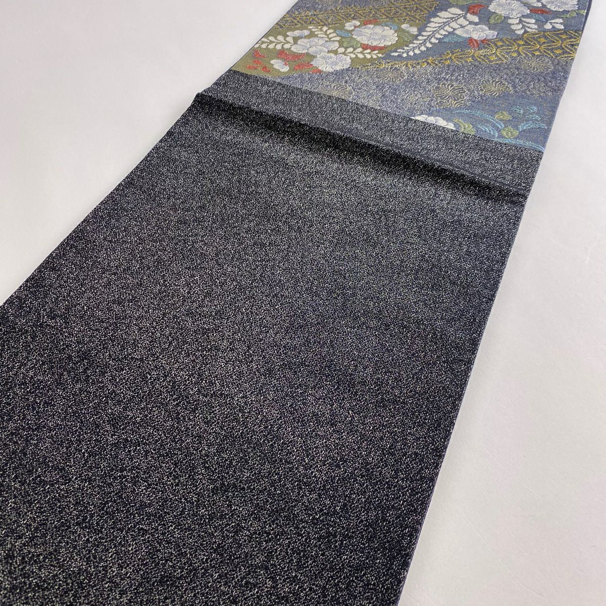 【美品】 袋帶 秀品級 辻花染圖案 花菱 金絲 金金箔 灰紫 六通 純蠶絲