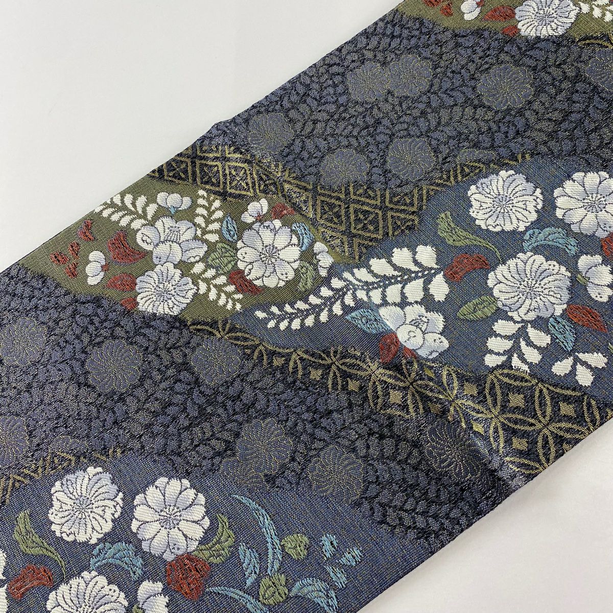 【美品】 袋帶 秀品級 辻花染圖案 花菱 金絲 金金箔 灰紫 六通 純蠶絲
