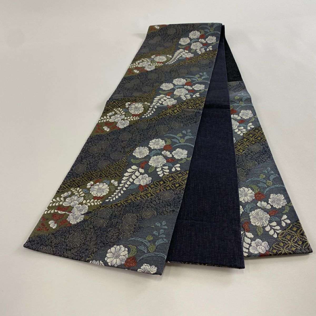 【美品】 袋帶 秀品級 辻花染圖案 花菱 金絲 金金箔 灰紫 六通 純蠶絲