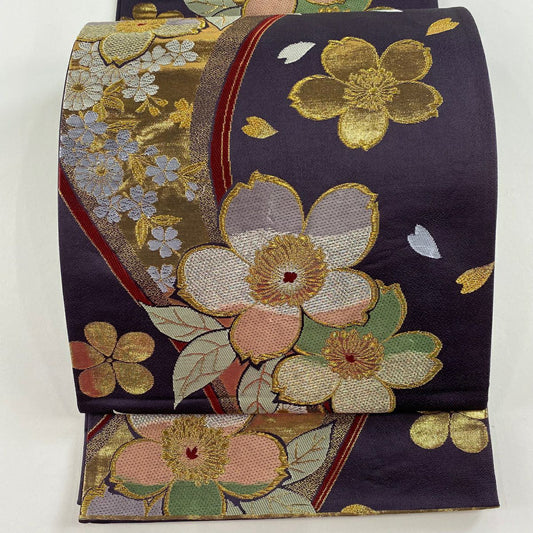 袋帶 秀品級 樱花花瓣 金銀絲 金金箔 深紫 六通 純蠶絲
