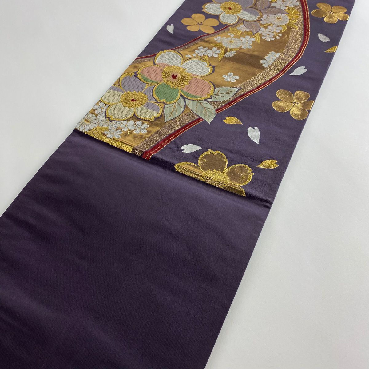 袋帶 秀品級 樱花花瓣 金銀絲 金金箔 深紫 六通 純蠶絲