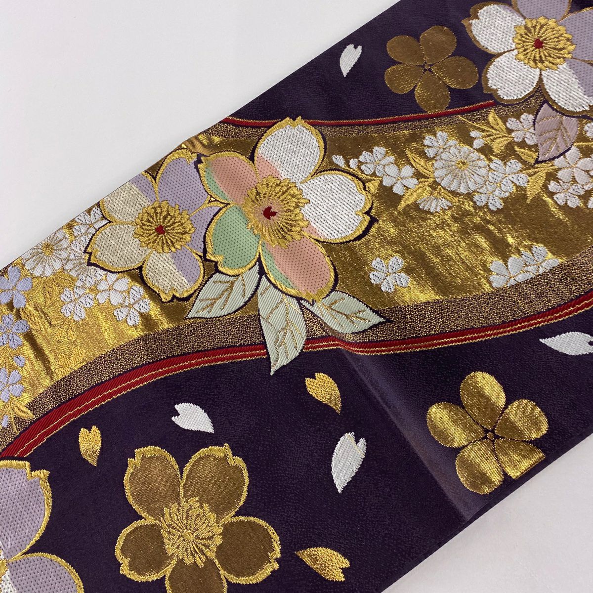袋帶 秀品級 樱花花瓣 金銀絲 金金箔 深紫 六通 純蠶絲