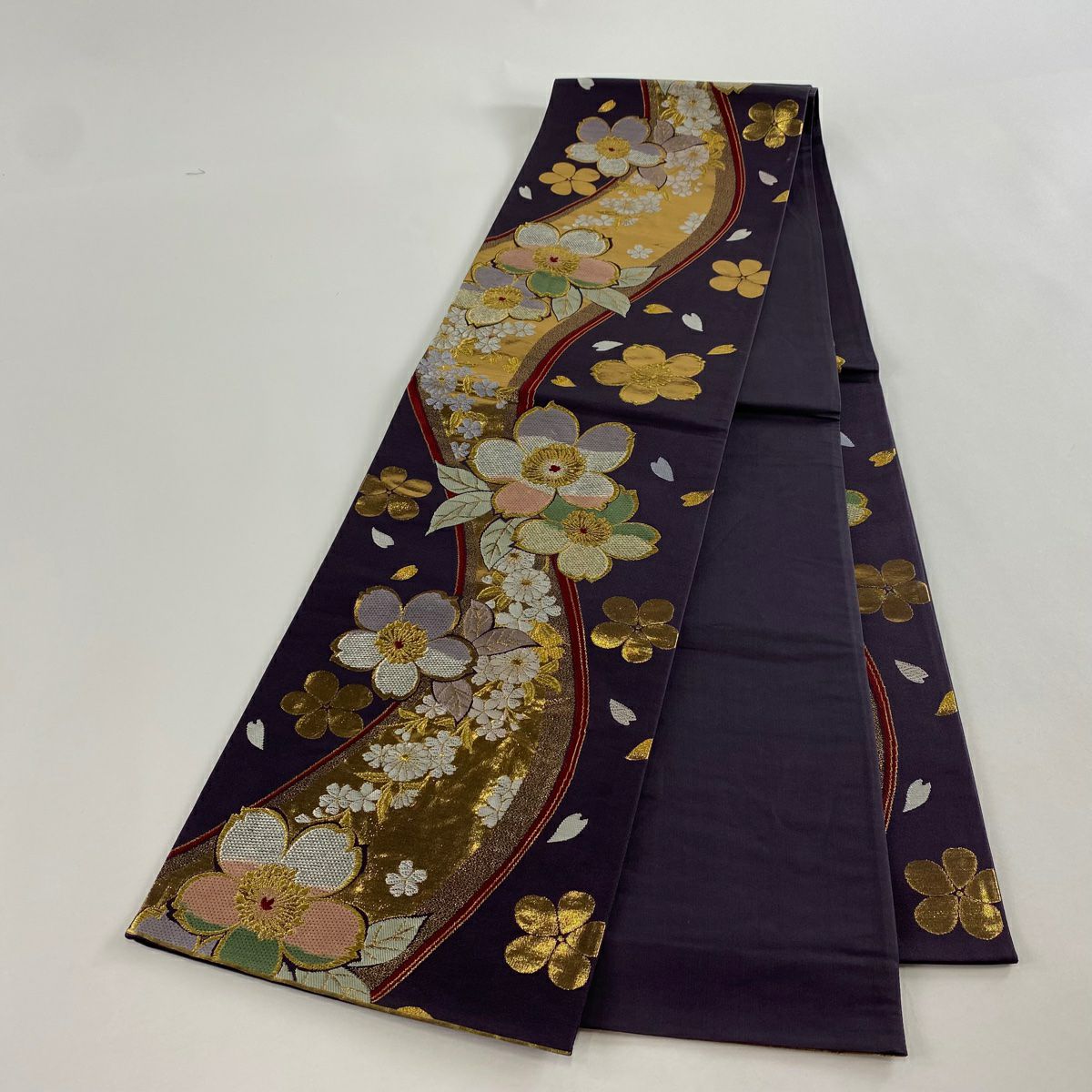 袋帶 秀品級 樱花花瓣 金銀絲 金金箔 深紫 六通 純蠶絲