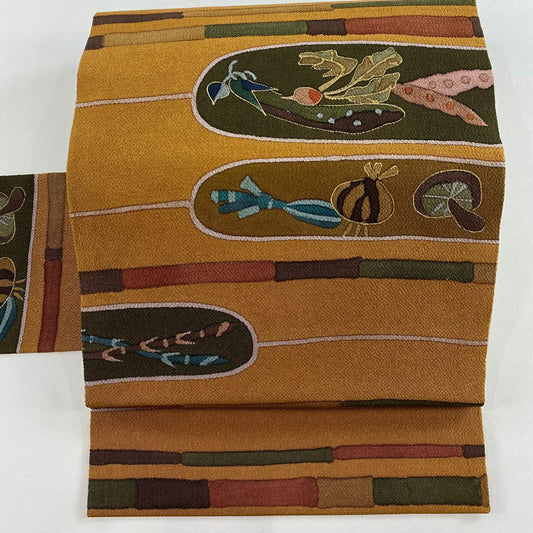 名古屋帶 秀品級 生物 蔬菜 山吹 深藍 純蠶絲