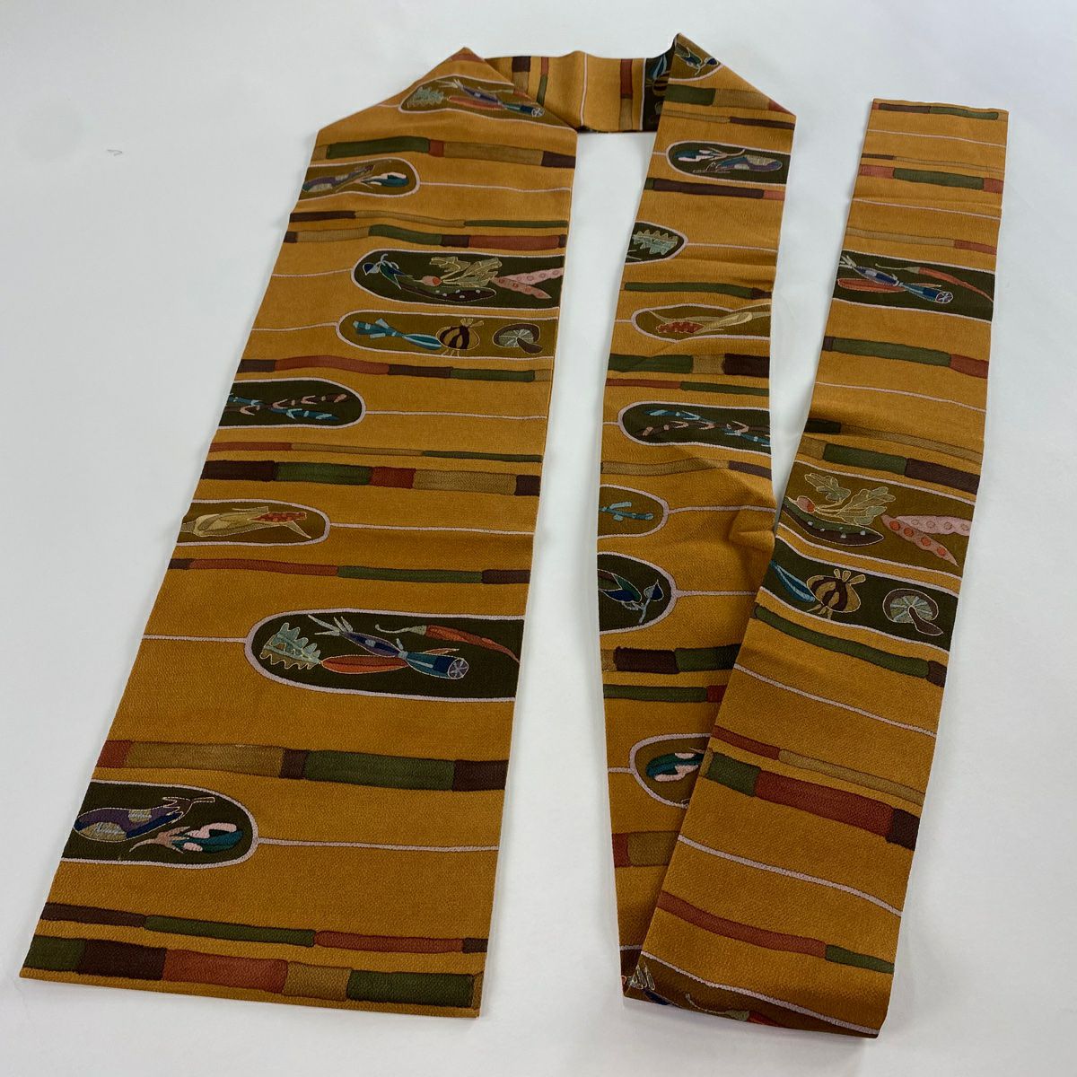 名古屋帶 秀品級 生物 蔬菜 山吹 深藍 純蠶絲