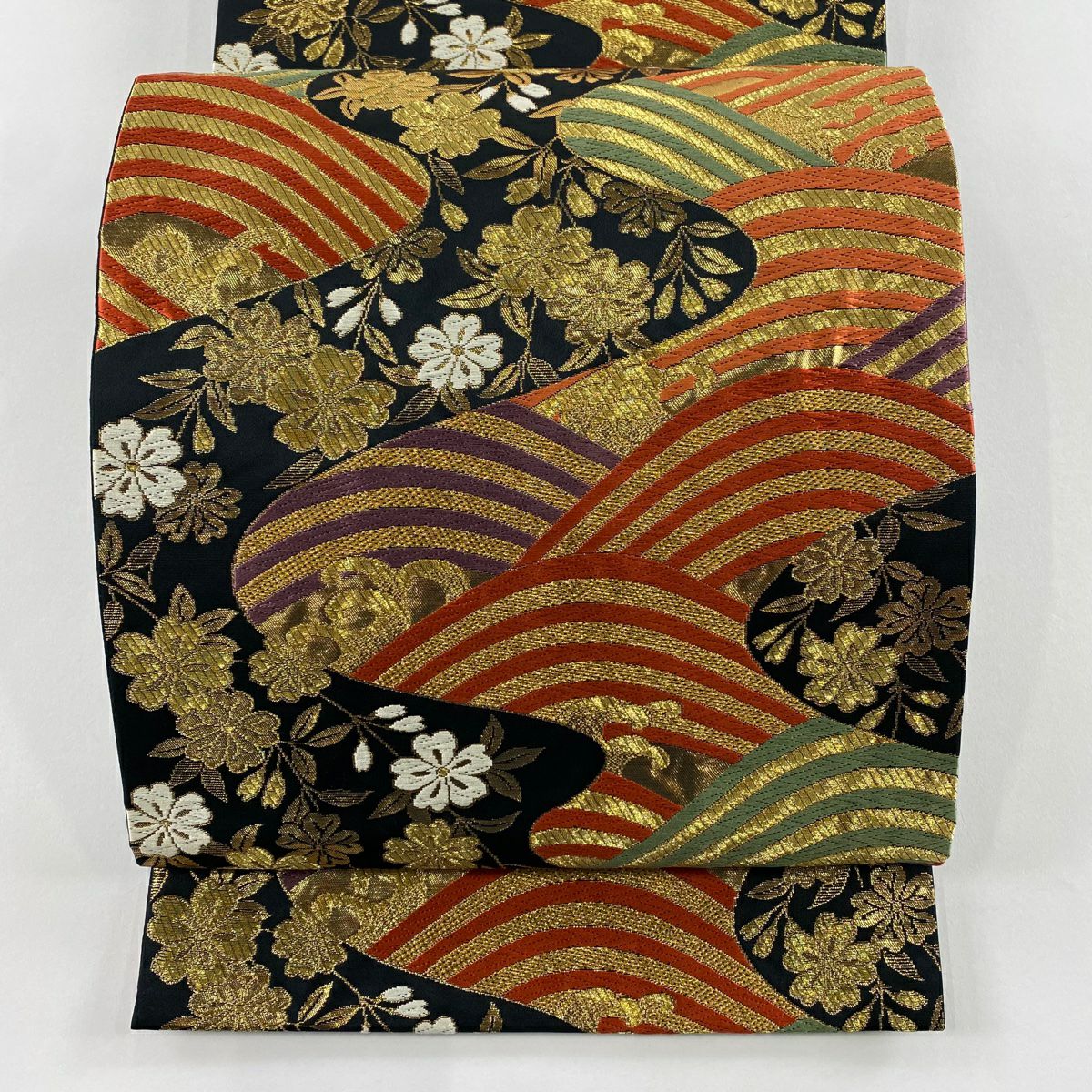 【美品】 袋帶 秀品級 波 櫻花 唐織 金絲 黑 六通 純蠶絲