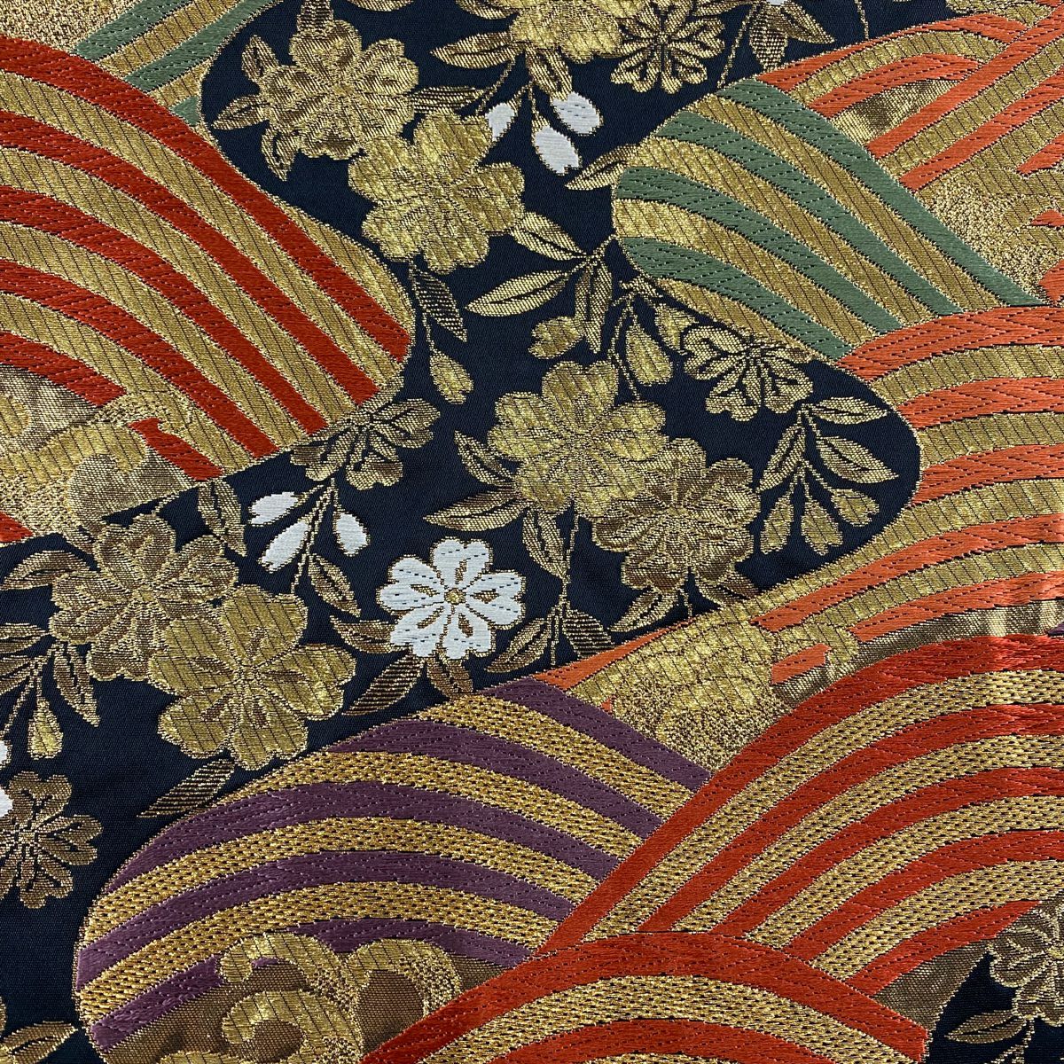 【美品】 袋帶 秀品級 波 櫻花 唐織 金絲 黑 六通 純蠶絲