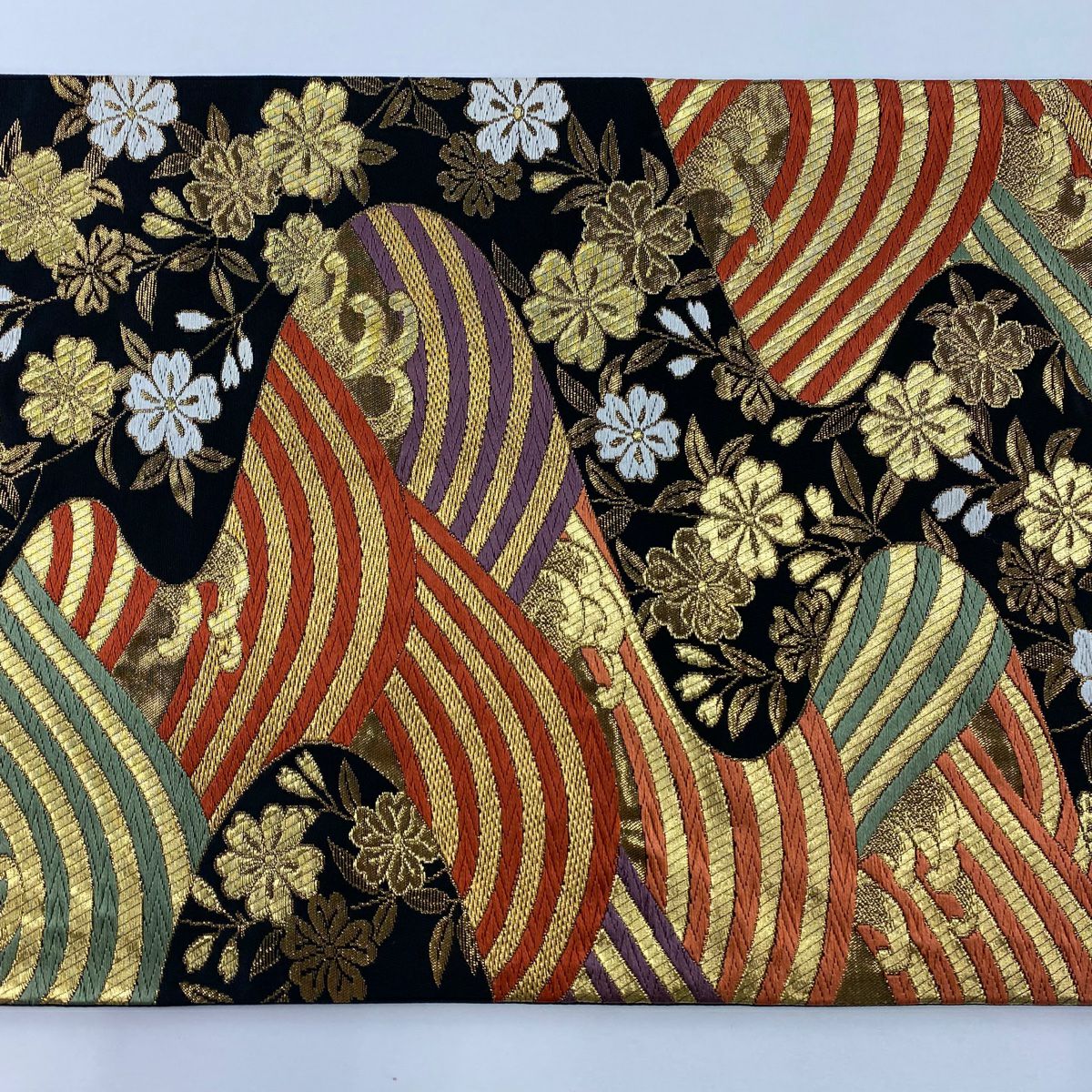【美品】 袋帶 秀品級 波 櫻花 唐織 金絲 黑 六通 純蠶絲
