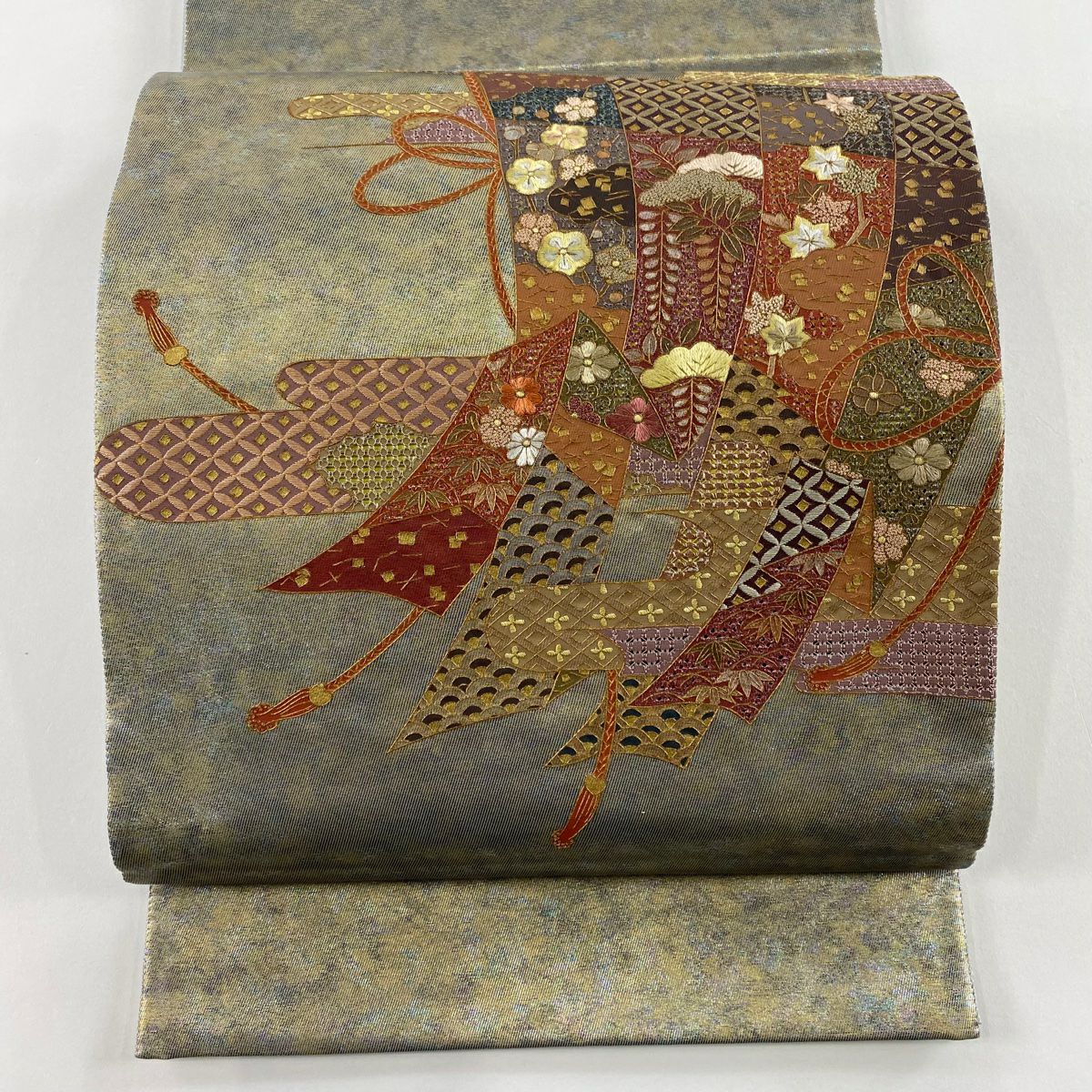 【美品】 袋帶 秀品級 幾帳 松樹竹子梅花 金絲 刺繡 金色 大鼓圖案 純蠶絲