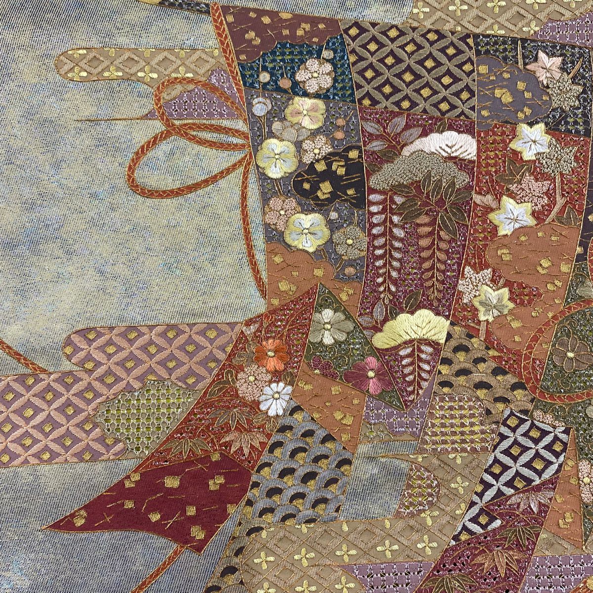 【美品】 袋帶 秀品級 幾帳 松樹竹子梅花 金絲 刺繡 金色 大鼓圖案 純蠶絲