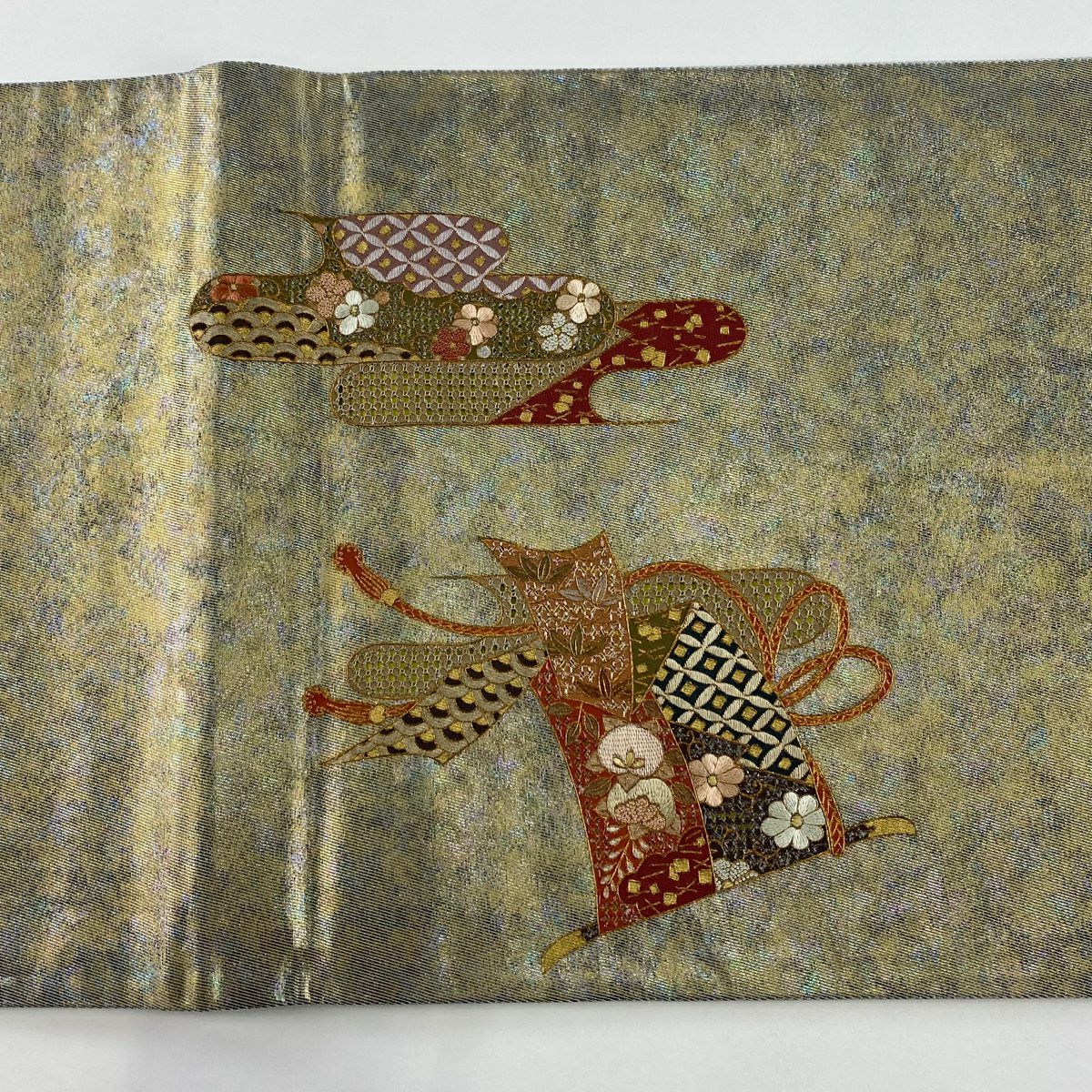 【美品】 袋帶 秀品級 幾帳 松樹竹子梅花 金絲 刺繡 金色 大鼓圖案 純蠶絲