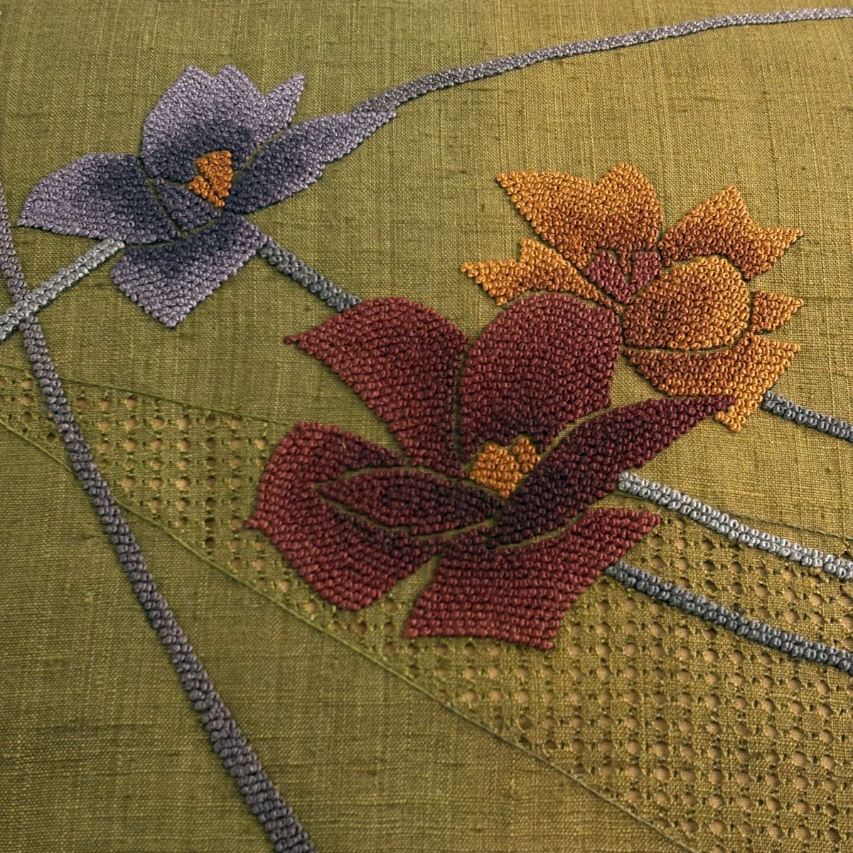 【美品】名古屋帶 秀品級 紬織織 花 刺繡 茶綠 純蠶絲
