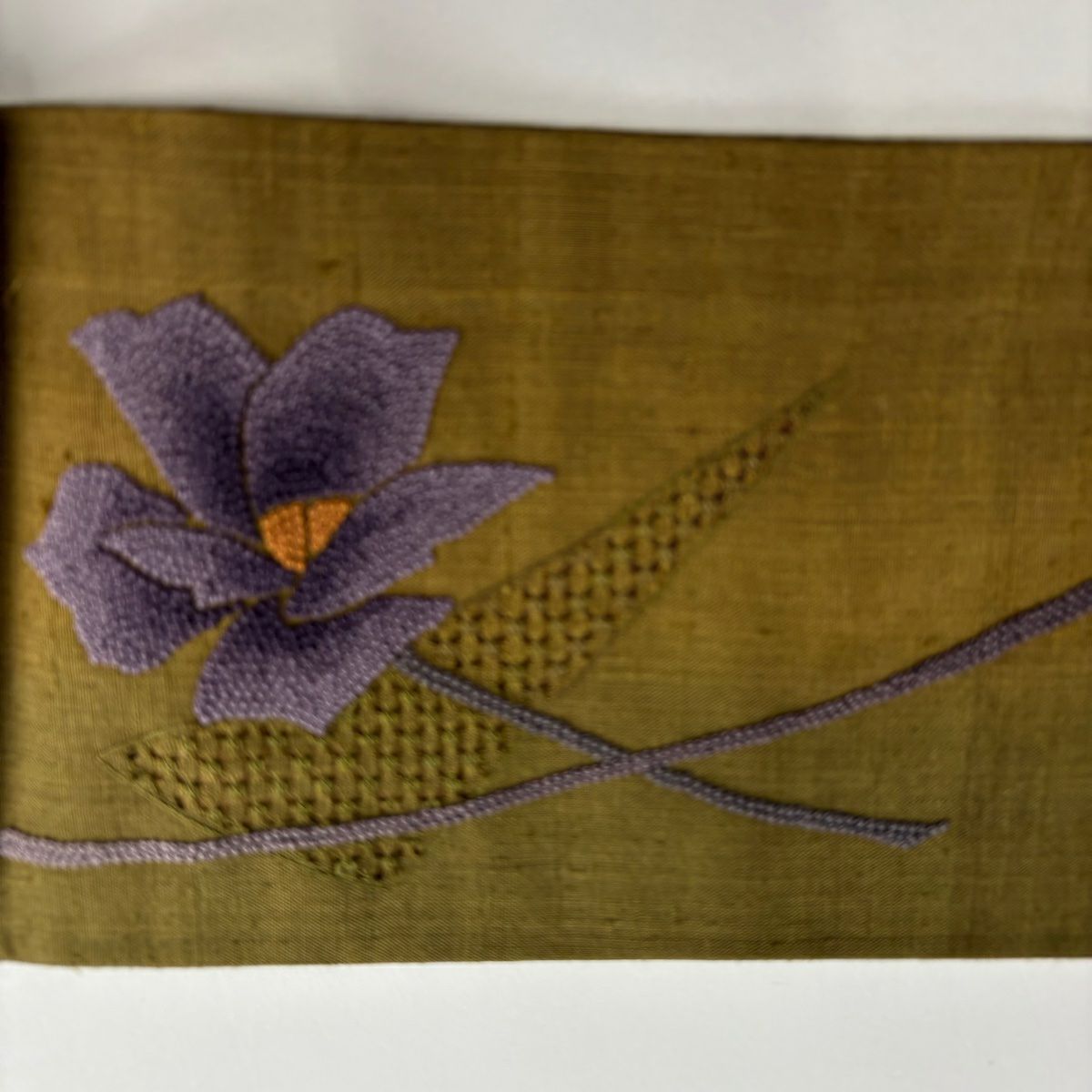 【美品】名古屋帶 秀品級 紬織織 花 刺繡 茶綠 純蠶絲