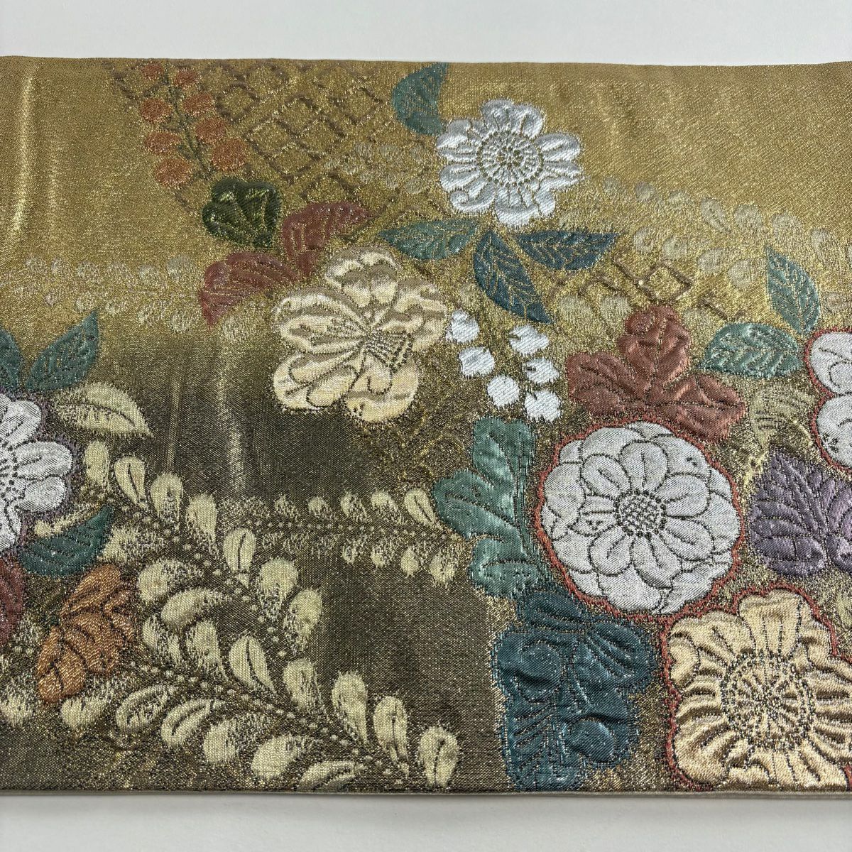 【美品】 袋帶 秀品級 草花紋紋 菱形 金金箔 金銀彩 金色 お太鼓圖案 純蠶絲