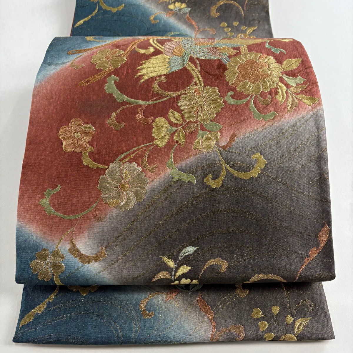 【美品】 袋帶 秀品級 鳳凰 草花紋 金糸 金金箔 紅茶 六通 純蠶絲