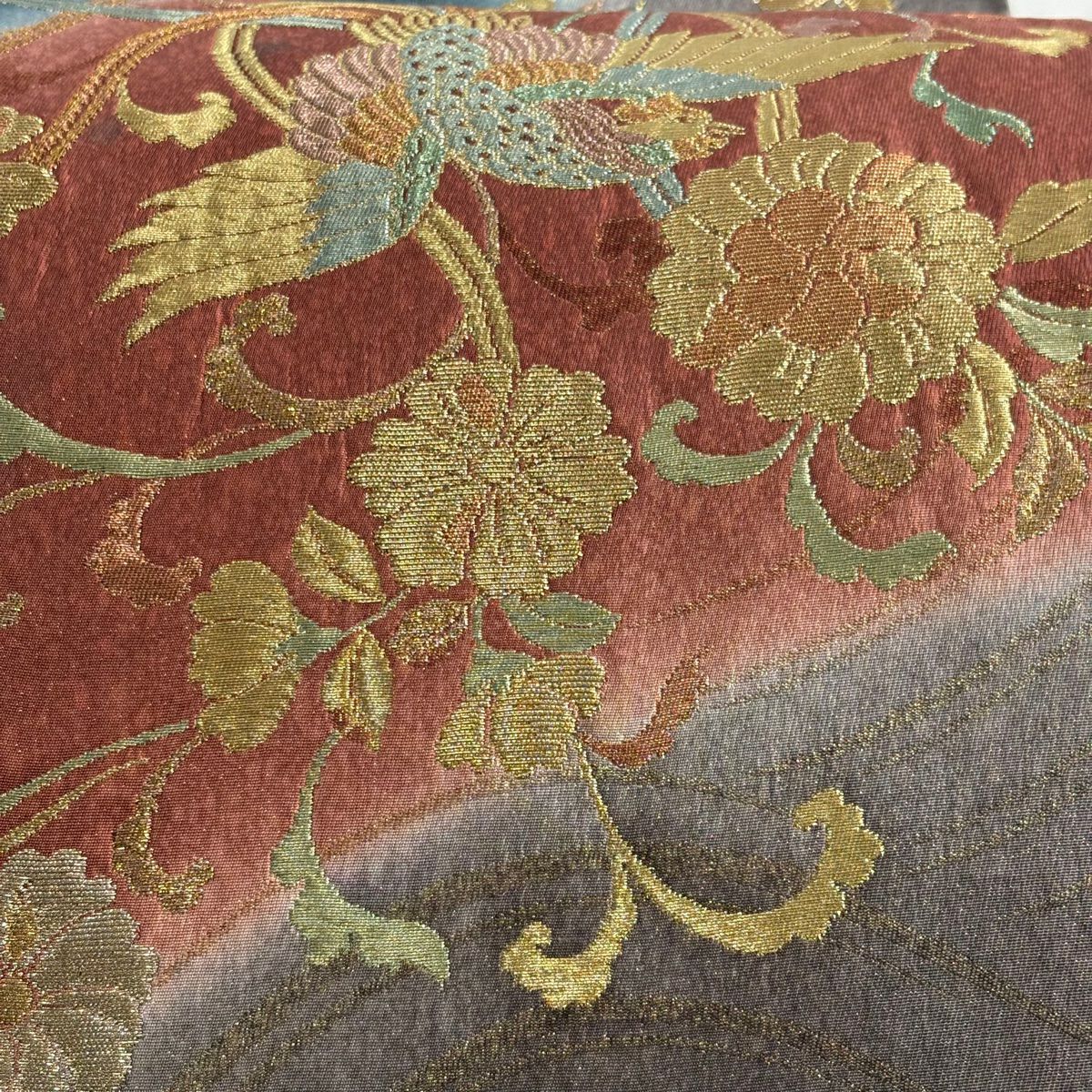 【美品】 袋帶 秀品級 鳳凰 草花紋 金糸 金金箔 紅茶 六通 純蠶絲