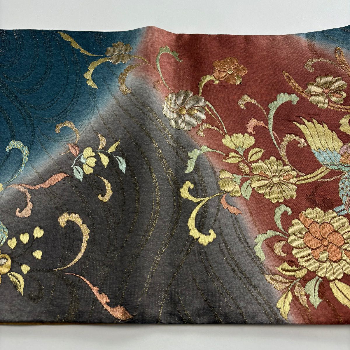 【美品】 袋帶 秀品級 鳳凰 草花紋 金糸 金金箔 紅茶 六通 純蠶絲