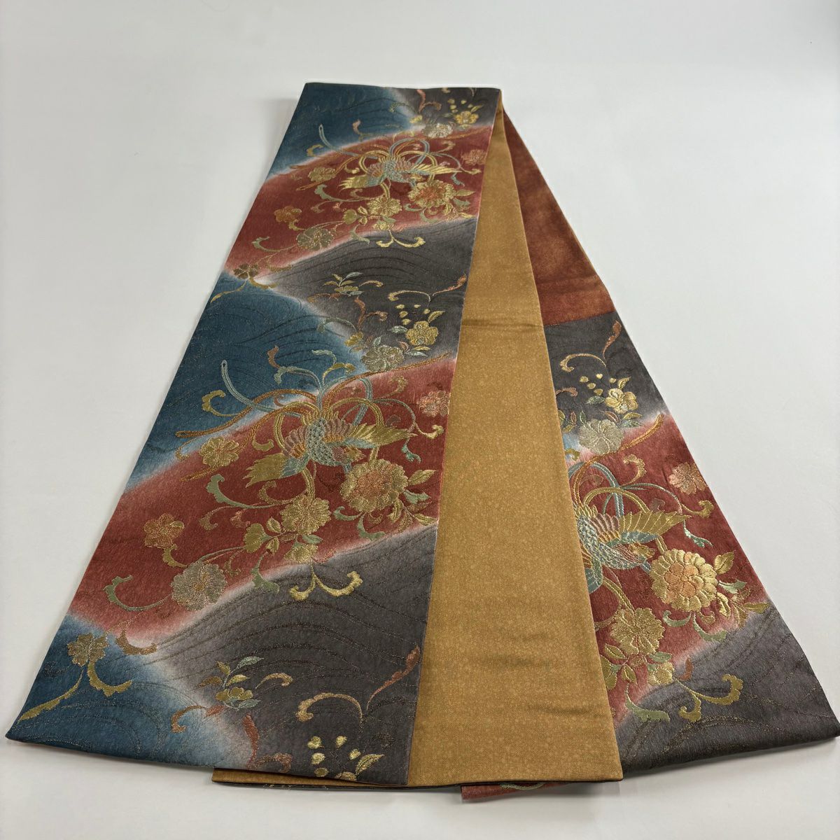 【美品】 袋帶 秀品級 鳳凰 草花紋 金糸 金金箔 紅茶 六通 純蠶絲