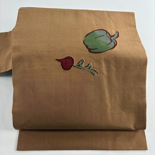 【美品】 名古屋帶 秀品級 紬織織 生物 山吹茶 純蠶絲